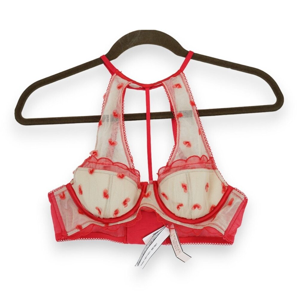 NWT Victorias Secret Collared Bra Top Size 34B ~ Cherry Hearts Pattern Red Beige